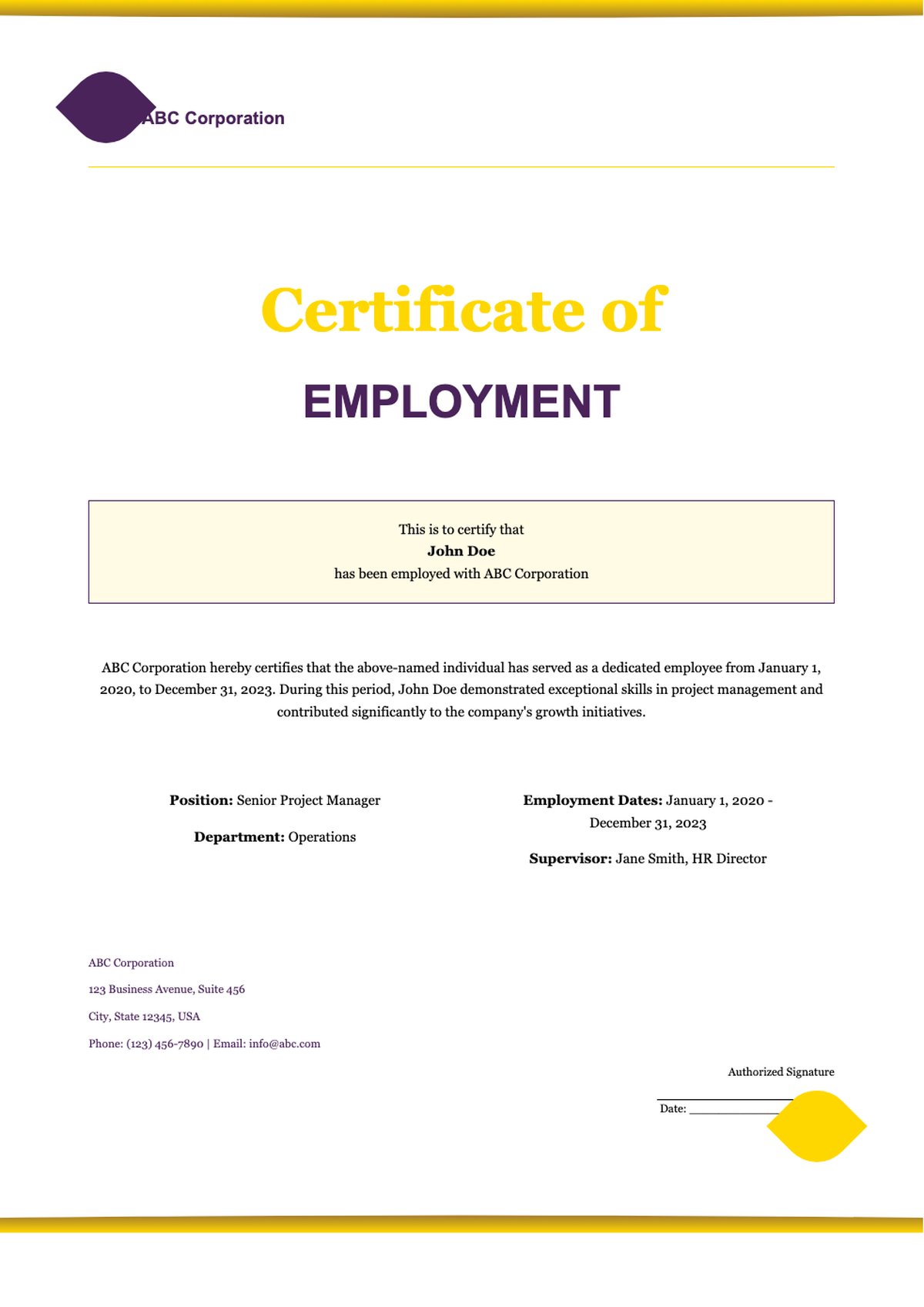 Basic employment certificate template with purple and gold design_variant_3